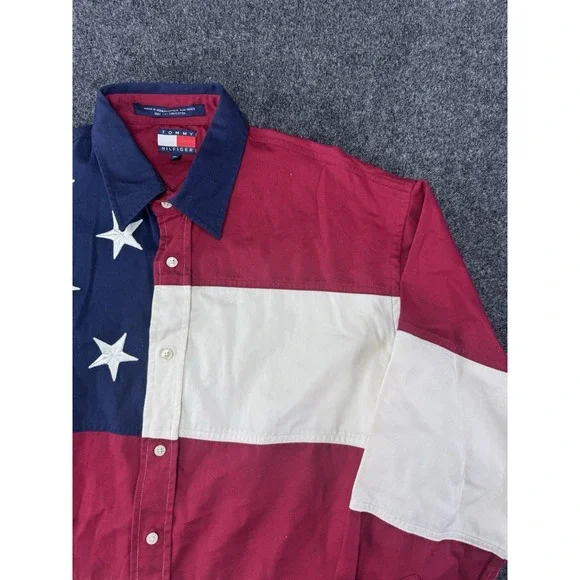 VTG Tommy Hilfiger Flag Shirt M/L USA Stars Stripes Button Up 100% Cotton Rare - Picture 2 of 8